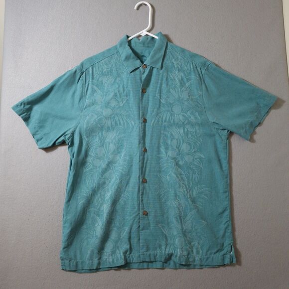 Tommy Bahama Shirt Men L Sea Green Floral Hawaiian Short Sleeve Silk - Picture 1 of 7